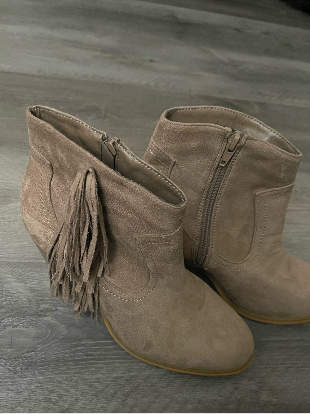 Charles Albert Taupe Suede Fringe Ankle Boots
